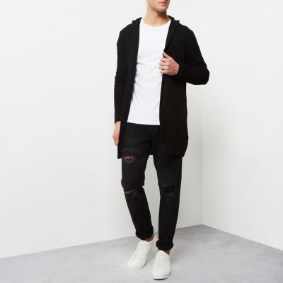 Black tapered hooded longline cardigan